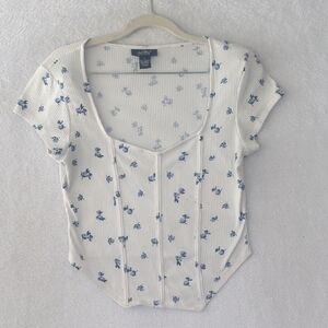 Just‎ Polly Junior's Blue Floral Asymmetrical Farmhouse Cottage Shirt Size L